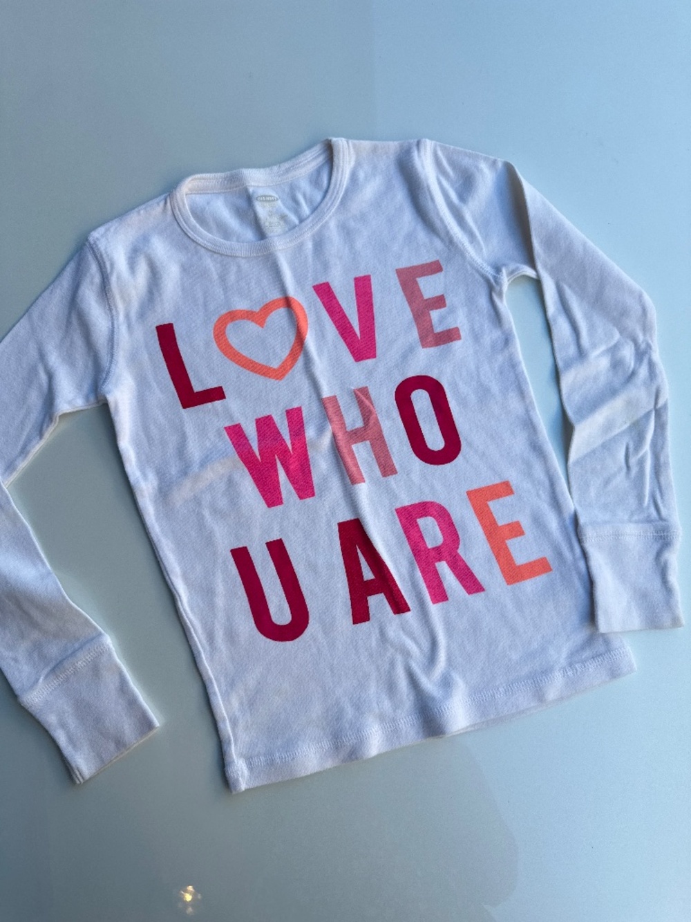 Old Navy White Long Sleeve Pajama Top with Pink & Coral 'LOVE WHO U ARE' Graphic